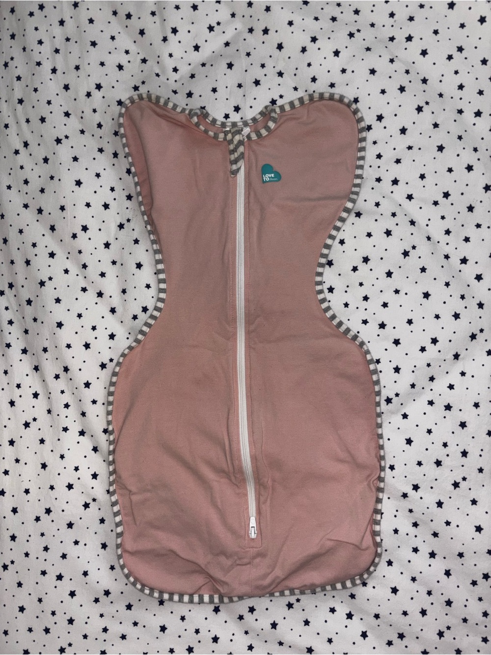 Love to dream blush pink swaddle sleep sack with striped trim